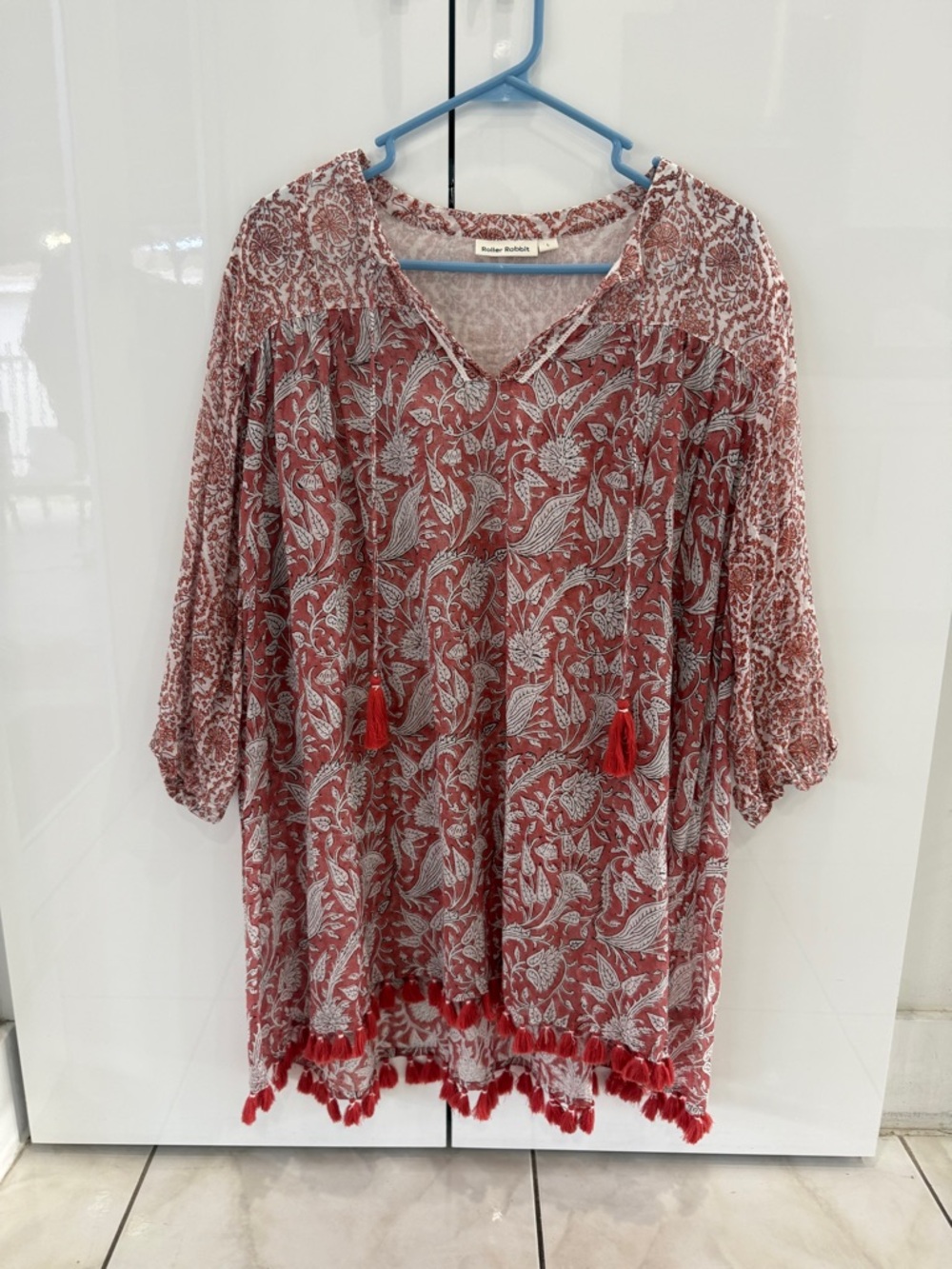 Roller Rabbit Red Floral Tassel Peasant Tunic